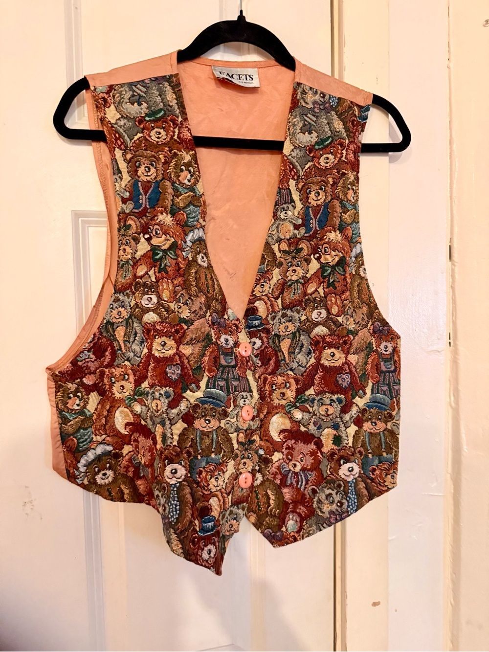 Vintage Peach Teddy Bear Tapestry Vest - Peach Multi